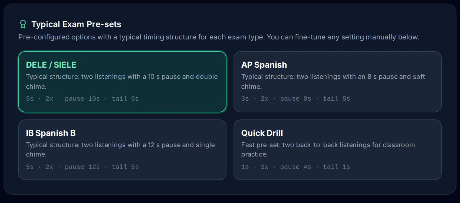 Typical exam presets: DELE/SIELE, AP Spanish, IB Spanish B and Quick Drill, with repetitions and pauses.