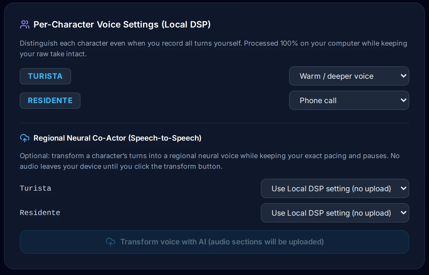 Per-character voice panel: original, deeper, brighter, phone call or station PA, plus optional regional neural voices.